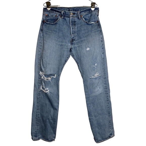 Levi's 501 Men Jeans 33x32 Denim Straight Button Fly Distressed Light Wash - Picture 1 of 9